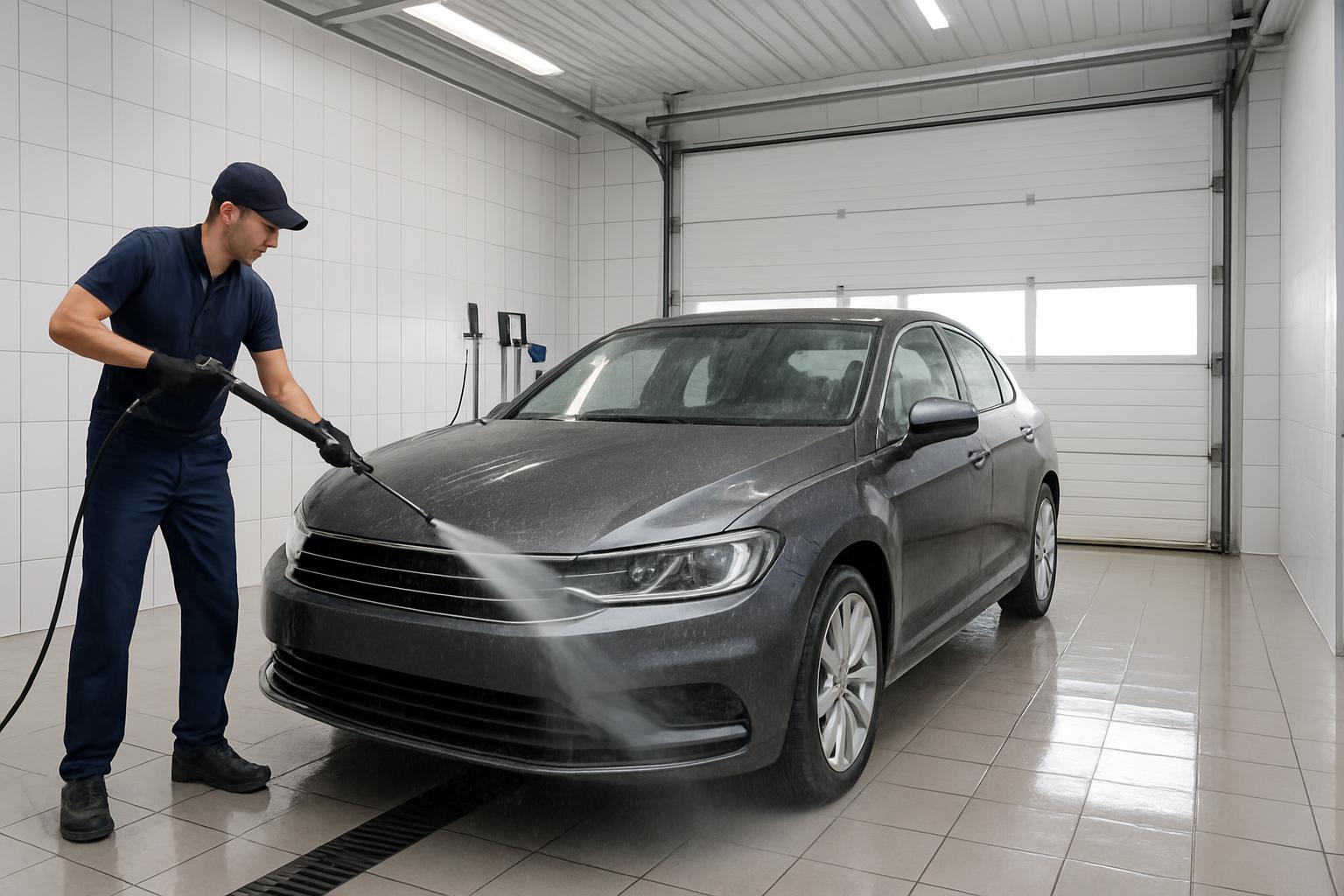 Freshly cleaned car receiving careful hand wash service